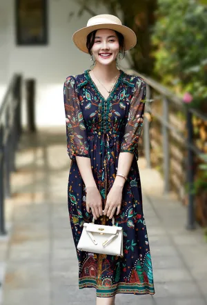 Trending Now Elegant Floral Pattern 3/4 Sleeve V-Neck Midi Silk Dress  Ends Soon!