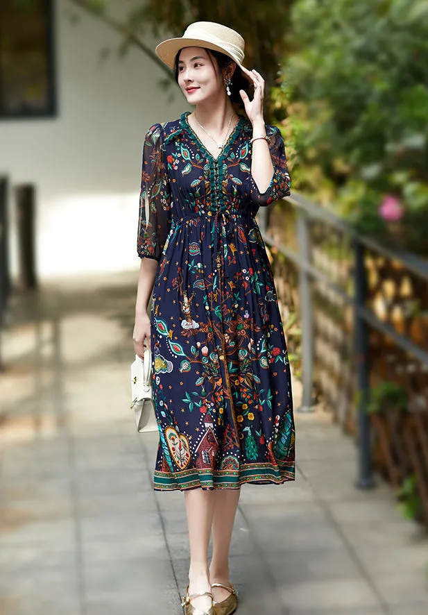 Trending Now Elegant Floral Pattern 3/4 Sleeve V-Neck Midi Silk Dress  Ends Soon!