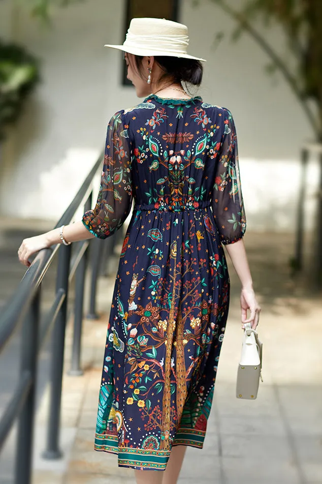 Trending Now Elegant Floral Pattern 3/4 Sleeve V-Neck Midi Silk Dress  Ends Soon!