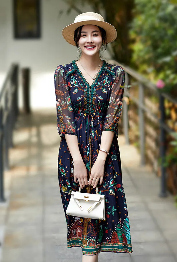 Trending Now Elegant Floral Pattern 3/4 Sleeve V-Neck Midi Silk Dress  Ends Soon!